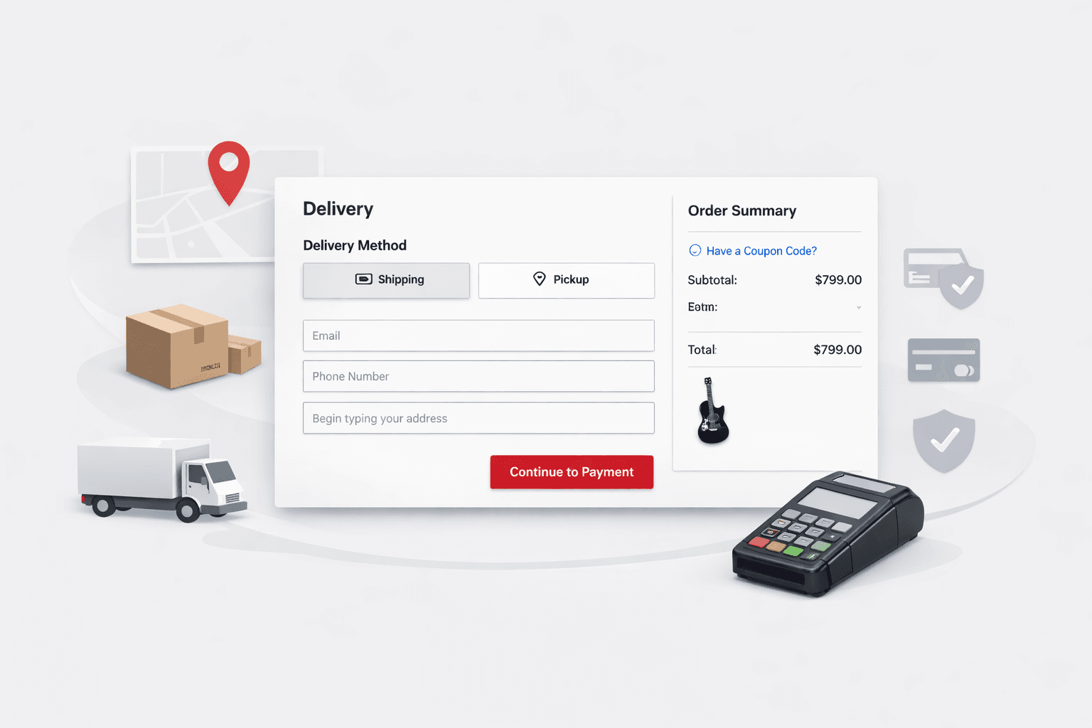 Checkout redesign header illustration showing delivery, order summary, and payment visuals.