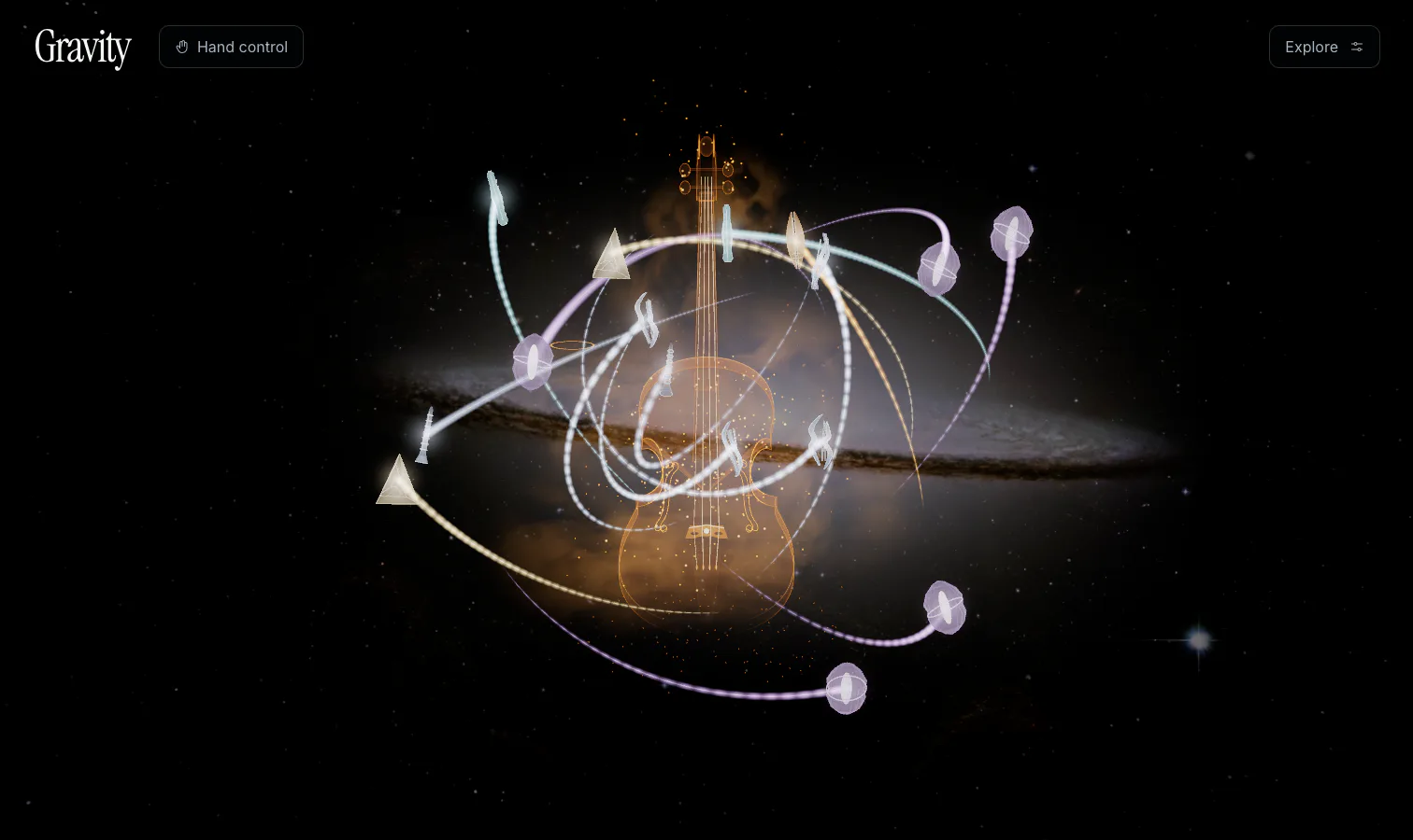 Gravity's Celestial field with sculptural performers orbiting a luminous cello in three dimensions.