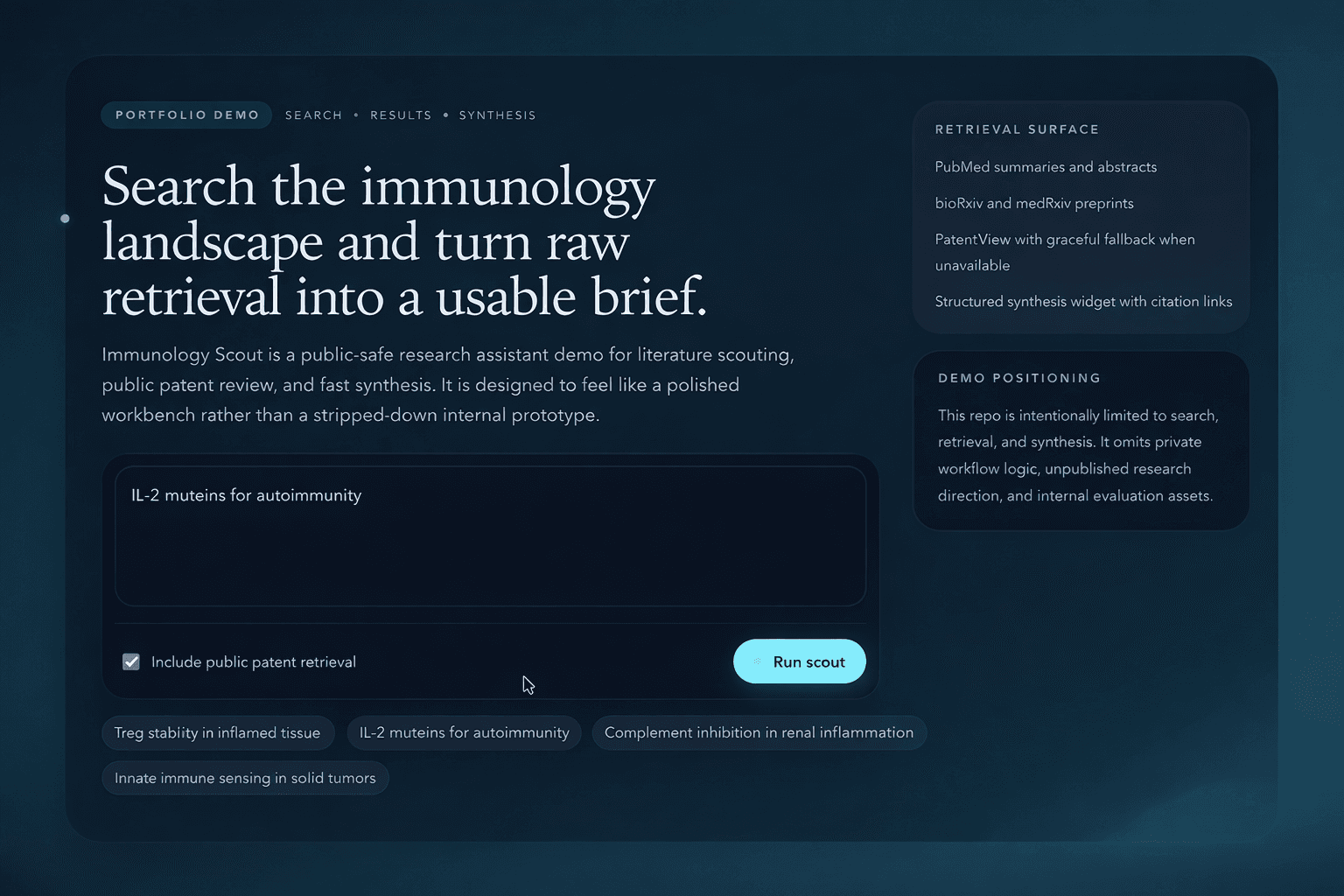 Immunology Scout screenshot showing a literature scouting workflow for immunology research.